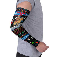 Mongolia Christmas Arm Sleeves with Santa Riding Horse Snowmen Yurts and Winter Holiday - Wonder Print Shop
