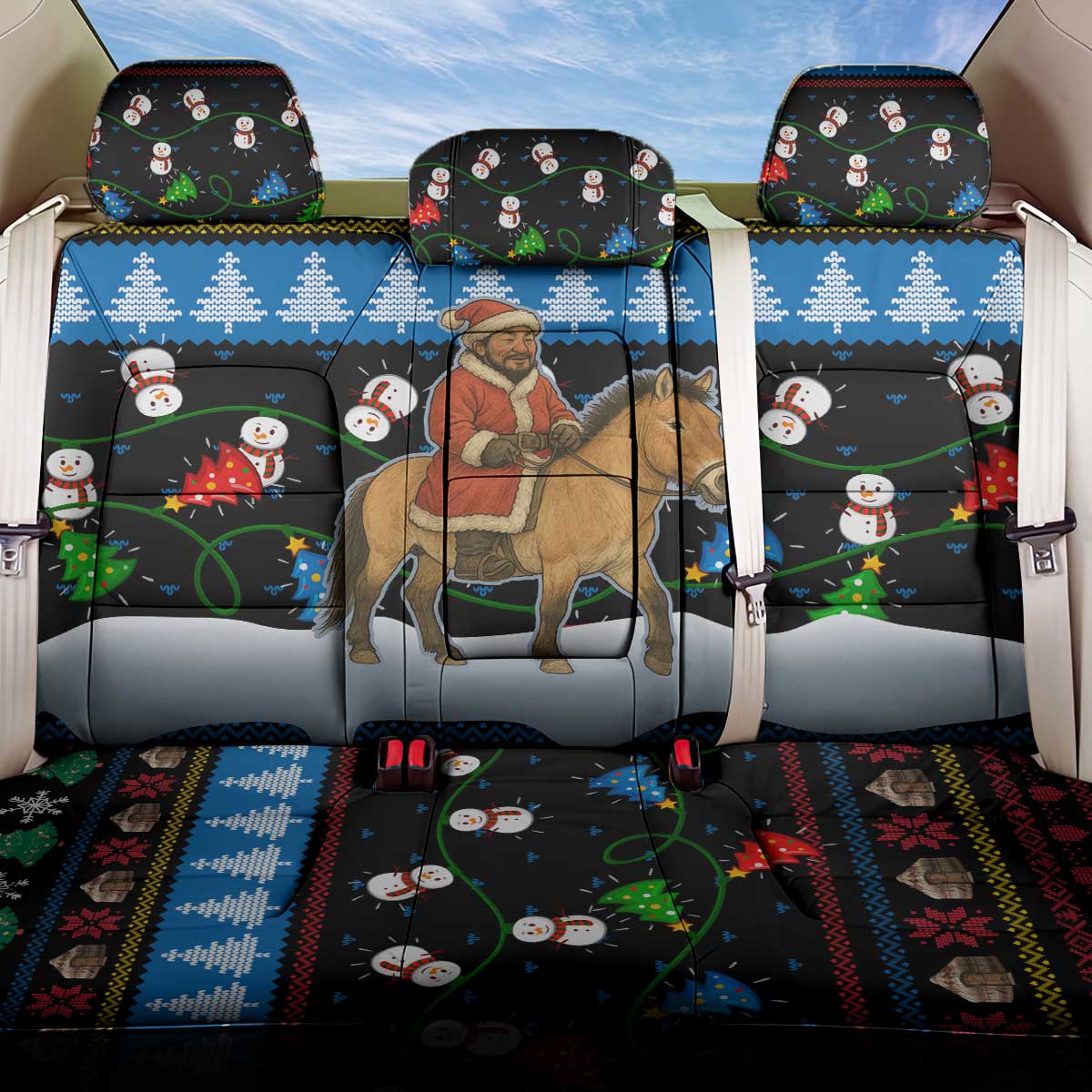 Mongolia Christmas Back Car Seat Cover with Santa Riding Horse Snowmen Yurts and Winter Holiday - Wonder Print Shop