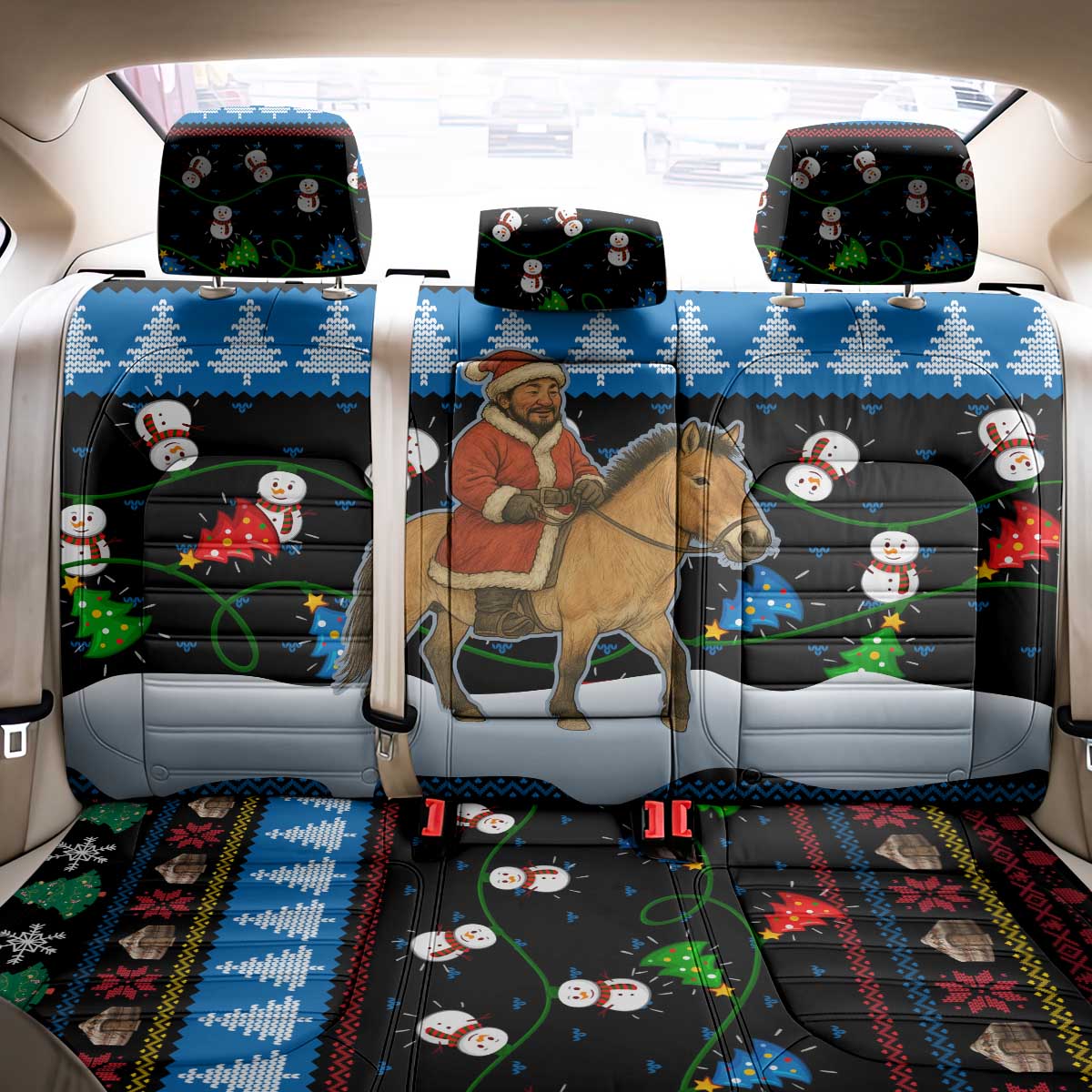 Mongolia Christmas Back Car Seat Cover with Santa Riding Horse Snowmen Yurts and Winter Holiday - Wonder Print Shop