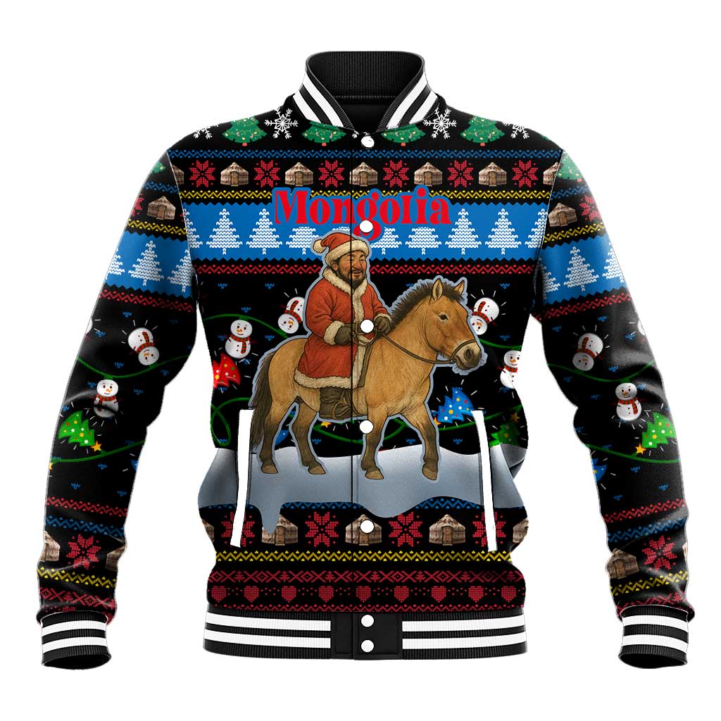 Mongolia Christmas Baseball Jacket with Santa Riding Horse Snowmen Yurts and Winter Holiday - Wonder Print Shop