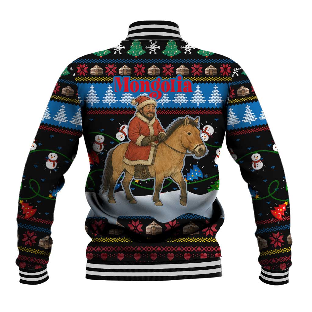Mongolia Christmas Baseball Jacket with Santa Riding Horse Snowmen Yurts and Winter Holiday - Wonder Print Shop
