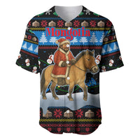 Mongolia Christmas Baseball Jersey with Santa Riding Horse Snowmen Yurts and Winter Holiday - Wonder Print Shop