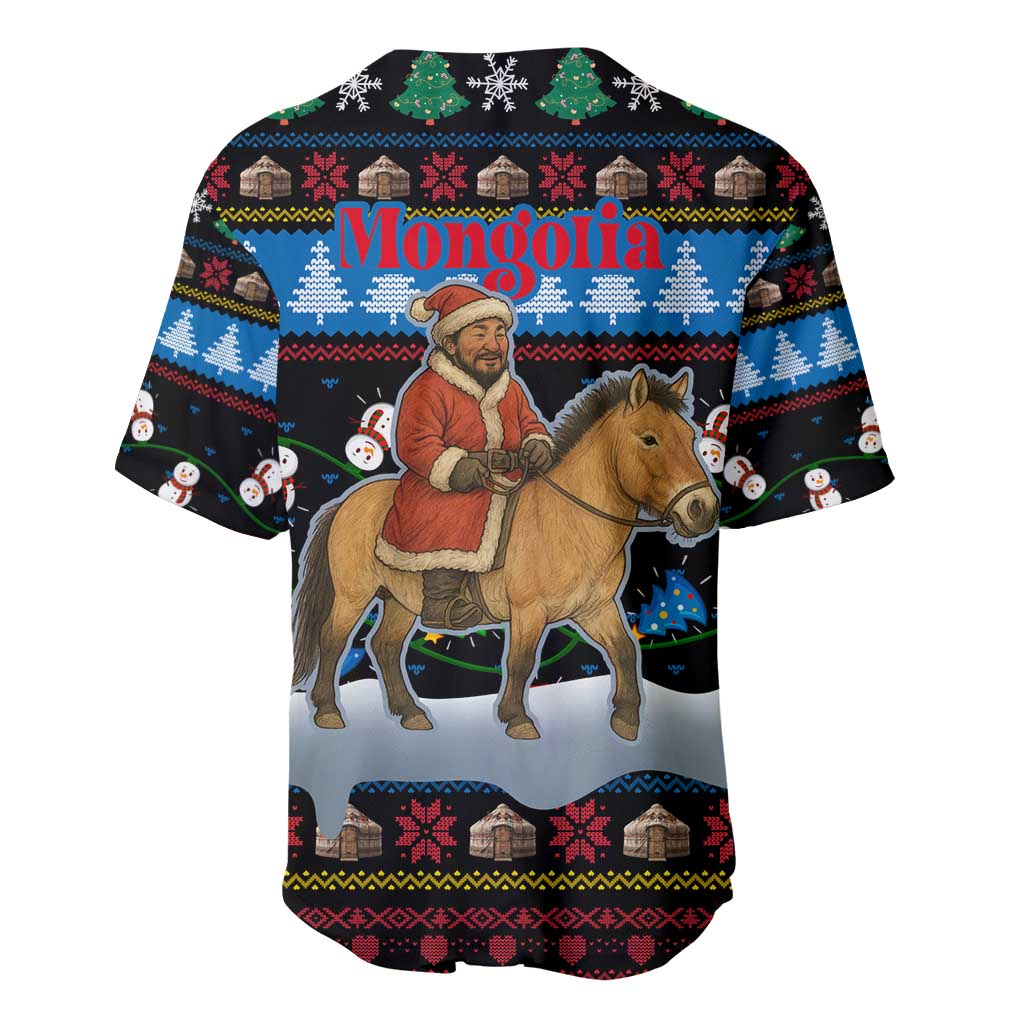 Mongolia Christmas Baseball Jersey with Santa Riding Horse Snowmen Yurts and Winter Holiday - Wonder Print Shop