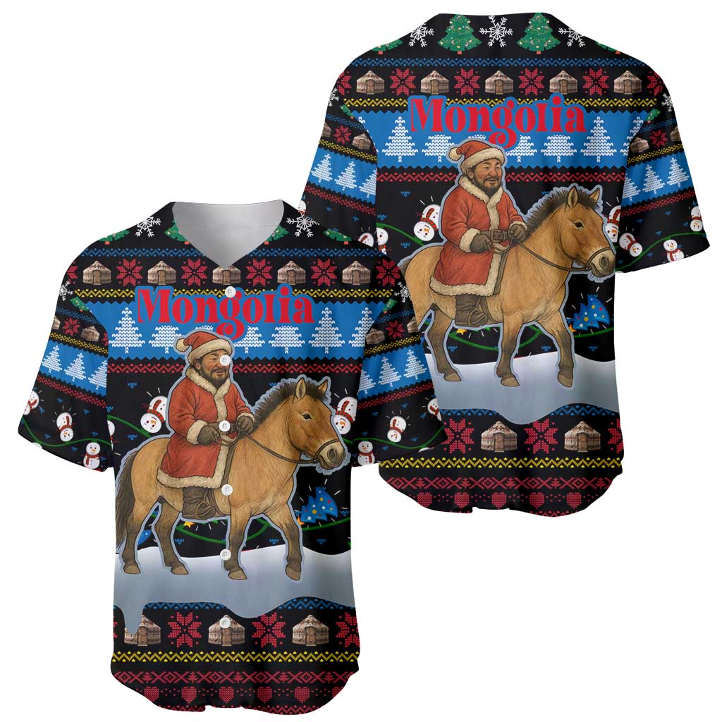 Mongolia Christmas Baseball Jersey with Santa Riding Horse Snowmen Yurts and Winter Holiday - Wonder Print Shop