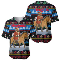 Mongolia Christmas Baseball Jersey with Santa Riding Horse Snowmen Yurts and Winter Holiday - Wonder Print Shop