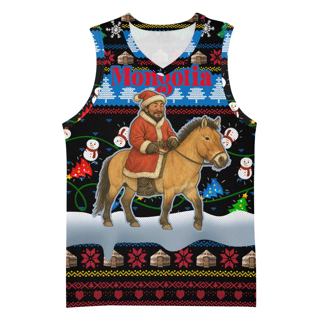 Mongolia Christmas Basketball Jersey with Santa Riding Horse Snowmen Yurts and Winter Holiday - Wonder Print Shop