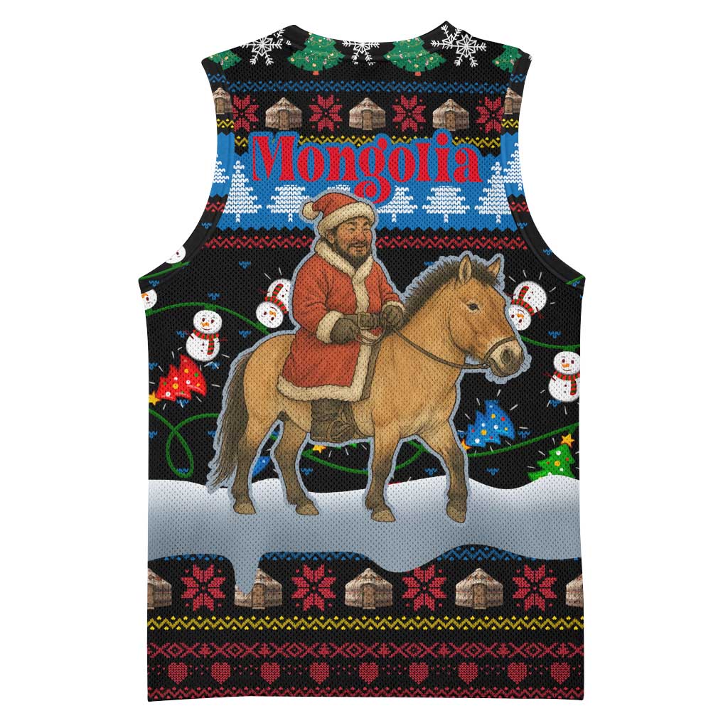 Mongolia Christmas Basketball Jersey with Santa Riding Horse Snowmen Yurts and Winter Holiday - Wonder Print Shop