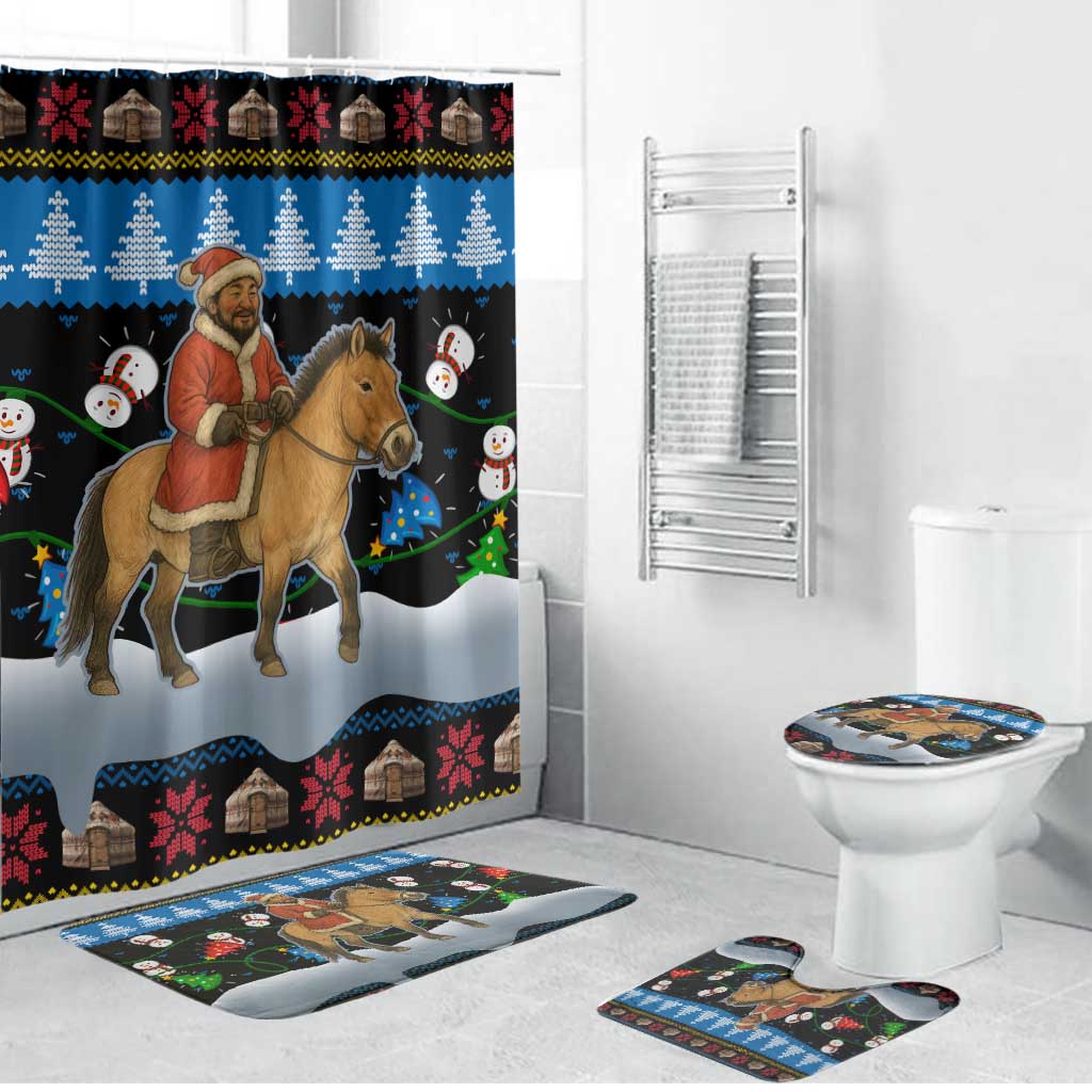 Mongolia Christmas Bathroom Set with Santa Riding Horse Snowmen Yurts and Winter Holiday - Wonder Print Shop