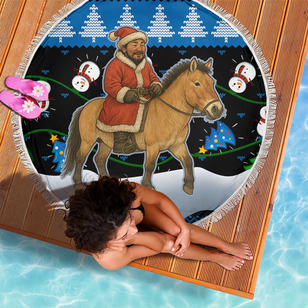 Mongolia Christmas Beach Blanket with Santa Riding Horse Snowmen Yurts and Winter Holiday - Wonder Print Shop