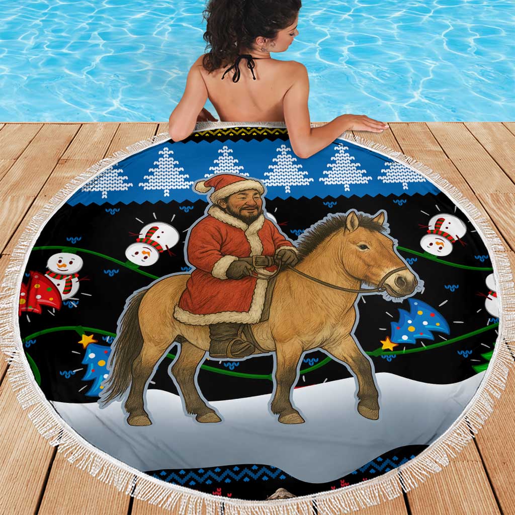 Mongolia Christmas Beach Blanket with Santa Riding Horse Snowmen Yurts and Winter Holiday - Wonder Print Shop