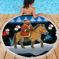 Mongolia Christmas Beach Blanket with Santa Riding Horse Snowmen Yurts and Winter Holiday - Wonder Print Shop