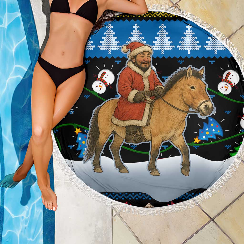 Mongolia Christmas Beach Blanket with Santa Riding Horse Snowmen Yurts and Winter Holiday - Wonder Print Shop