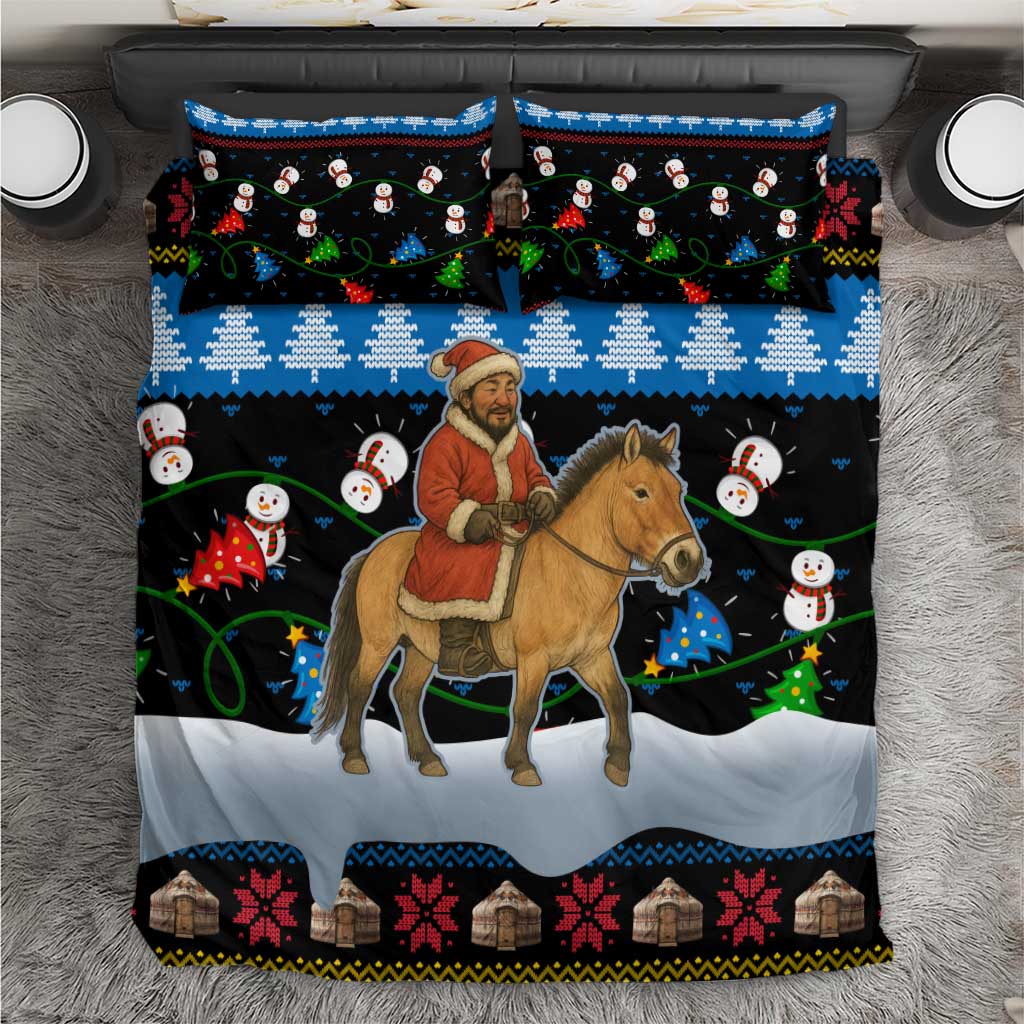 Mongolia Christmas Bedding Set with Santa Riding Horse Snowmen Yurts and Winter Holiday - Wonder Print Shop