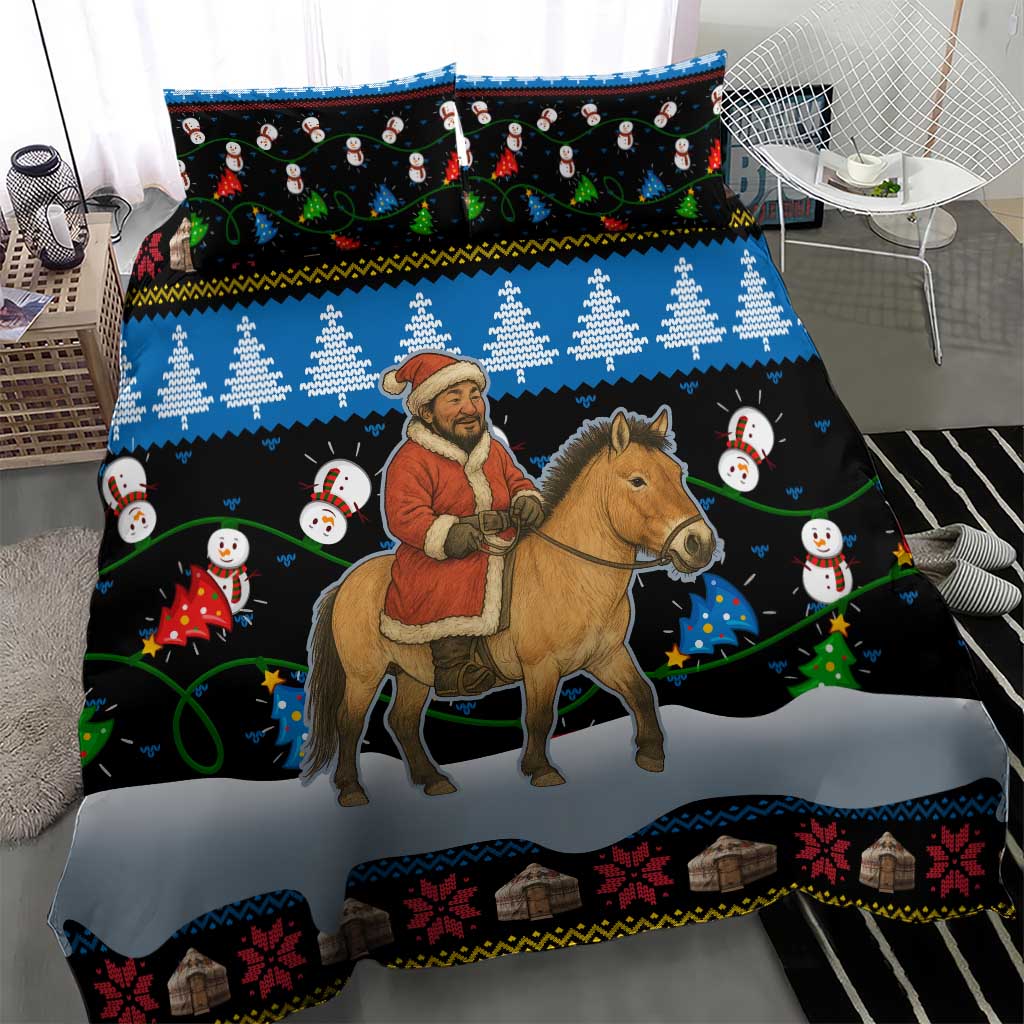 Mongolia Christmas Bedding Set with Santa Riding Horse Snowmen Yurts and Winter Holiday - Wonder Print Shop