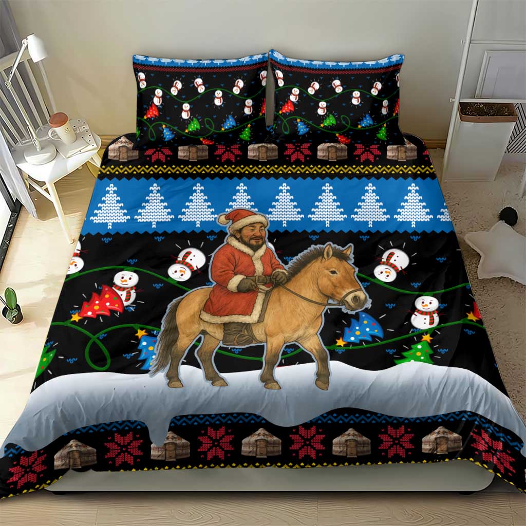 Mongolia Christmas Bedding Set with Santa Riding Horse Snowmen Yurts and Winter Holiday - Wonder Print Shop