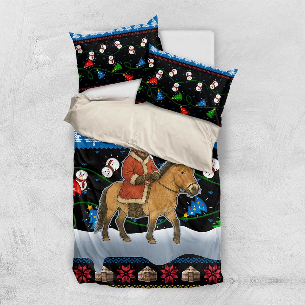 Mongolia Christmas Bedding Set with Santa Riding Horse Snowmen Yurts and Winter Holiday - Wonder Print Shop