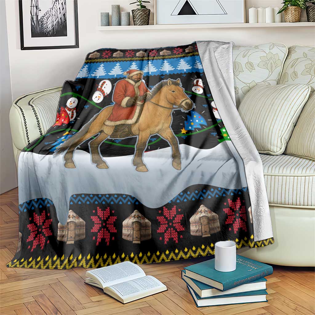 Mongolia Christmas Blanket with Santa Riding Horse Snowmen Yurts and Winter Holiday - Wonder Print Shop