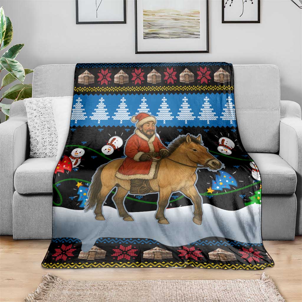 Mongolia Christmas Blanket with Santa Riding Horse Snowmen Yurts and Winter Holiday - Wonder Print Shop