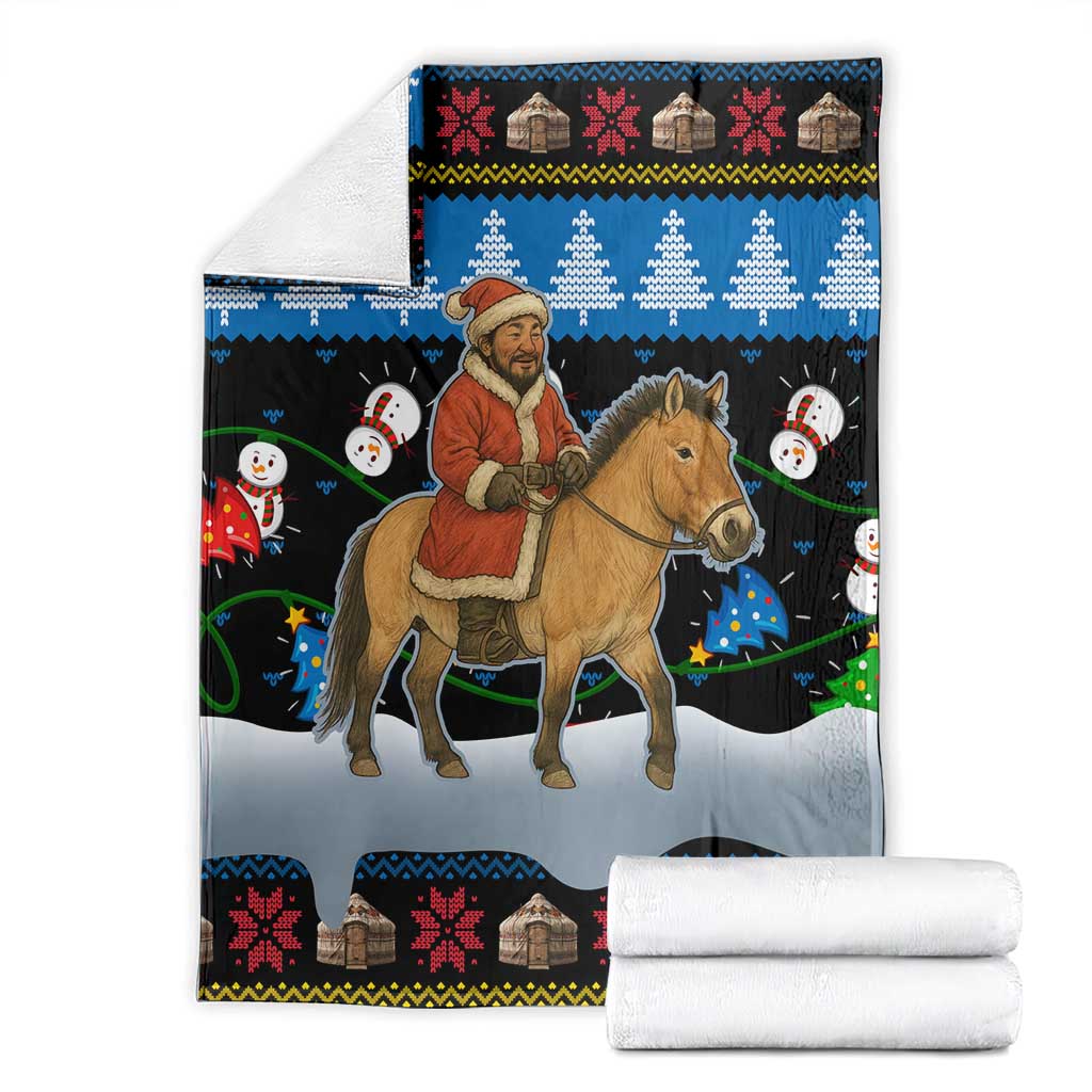 Mongolia Christmas Blanket with Santa Riding Horse Snowmen Yurts and Winter Holiday - Wonder Print Shop