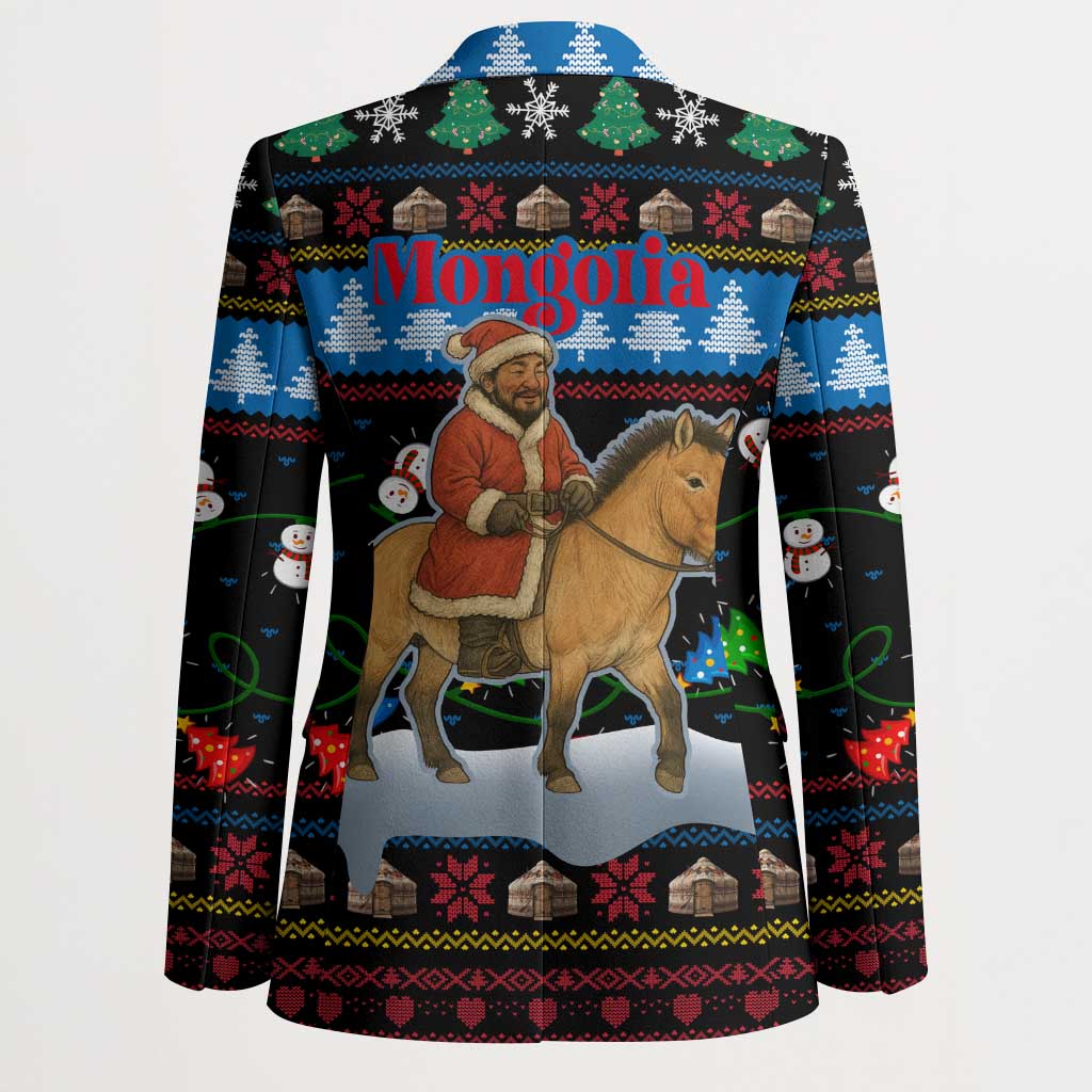 Mongolia Christmas Blazer with Santa Riding Horse Snowmen Yurts and Winter Holiday - Wonder Print Shop