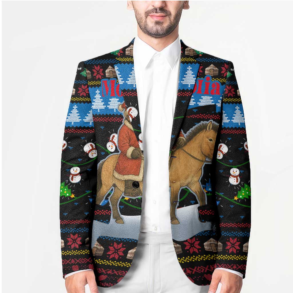 Mongolia Christmas Blazer with Santa Riding Horse Snowmen Yurts and Winter Holiday - Wonder Print Shop