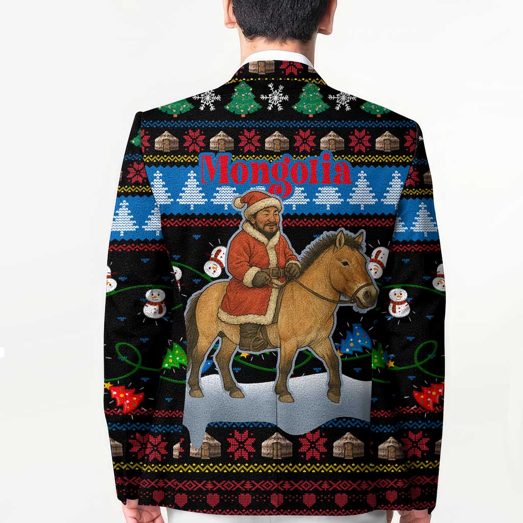 Mongolia Christmas Blazer with Santa Riding Horse Snowmen Yurts and Winter Holiday - Wonder Print Shop
