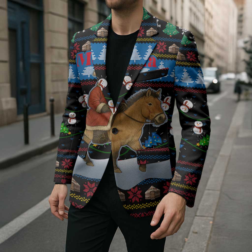Mongolia Christmas Blazer with Santa Riding Horse Snowmen Yurts and Winter Holiday - Wonder Print Shop