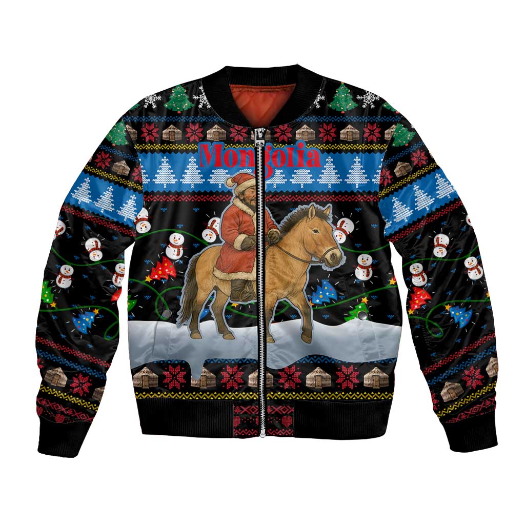 Mongolia Christmas Bomber Jacket with Santa Riding Horse Snowmen Yurts and Winter Holiday - Wonder Print Shop