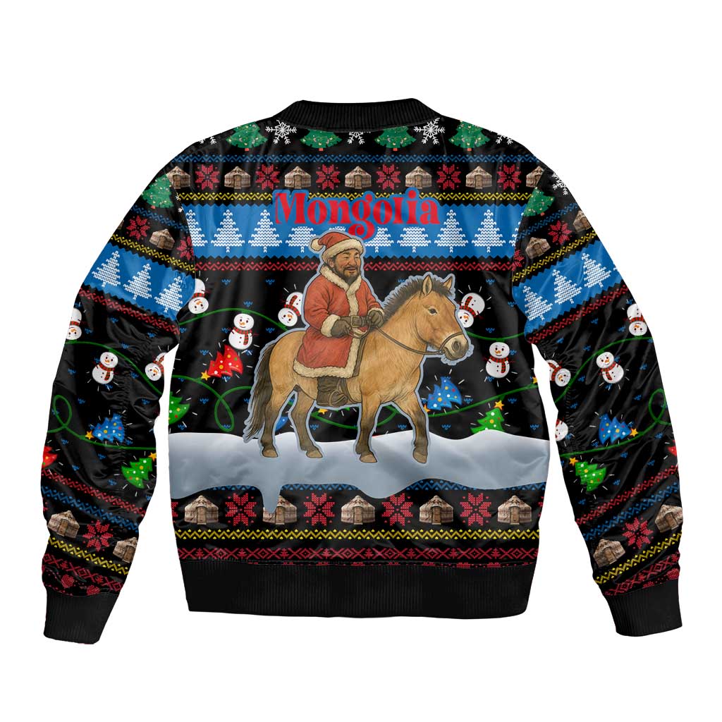 Mongolia Christmas Bomber Jacket with Santa Riding Horse Snowmen Yurts and Winter Holiday - Wonder Print Shop