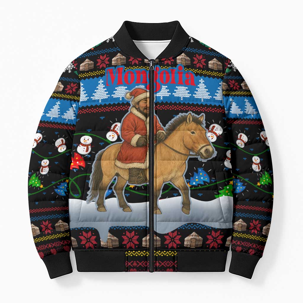 Mongolia Christmas Bomber Puffer Jacket with Santa Riding Horse Snowmen Yurts and Winter Holiday - Wonder Print Shop