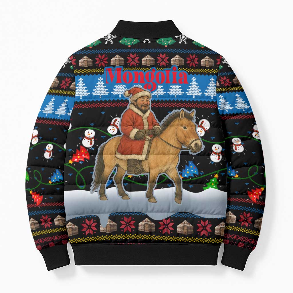 Mongolia Christmas Bomber Puffer Jacket with Santa Riding Horse Snowmen Yurts and Winter Holiday - Wonder Print Shop