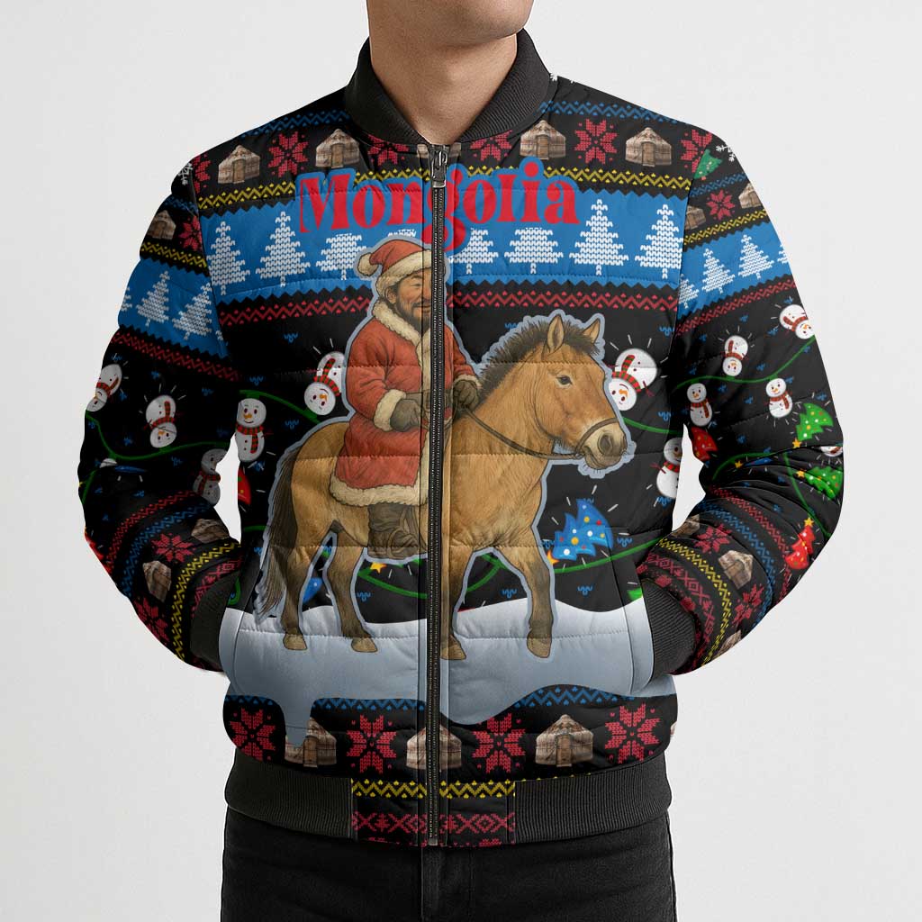 Mongolia Christmas Bomber Puffer Jacket with Santa Riding Horse Snowmen Yurts and Winter Holiday - Wonder Print Shop
