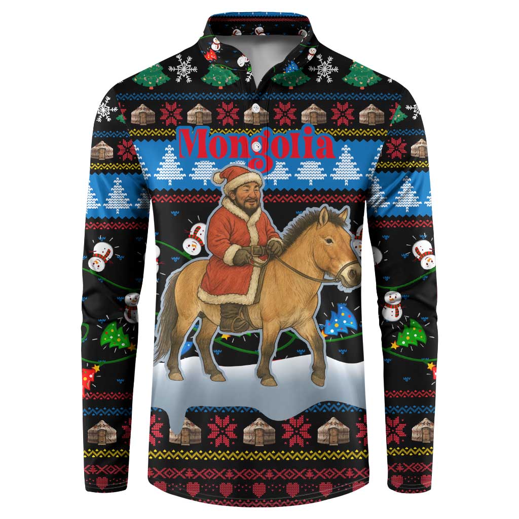 Mongolia Christmas Button Sweatshirt with Santa Riding Horse Snowmen Yurts and Winter Holiday - Wonder Print Shop
