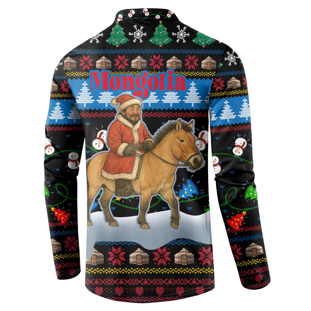 Mongolia Christmas Button Sweatshirt with Santa Riding Horse Snowmen Yurts and Winter Holiday - Wonder Print Shop