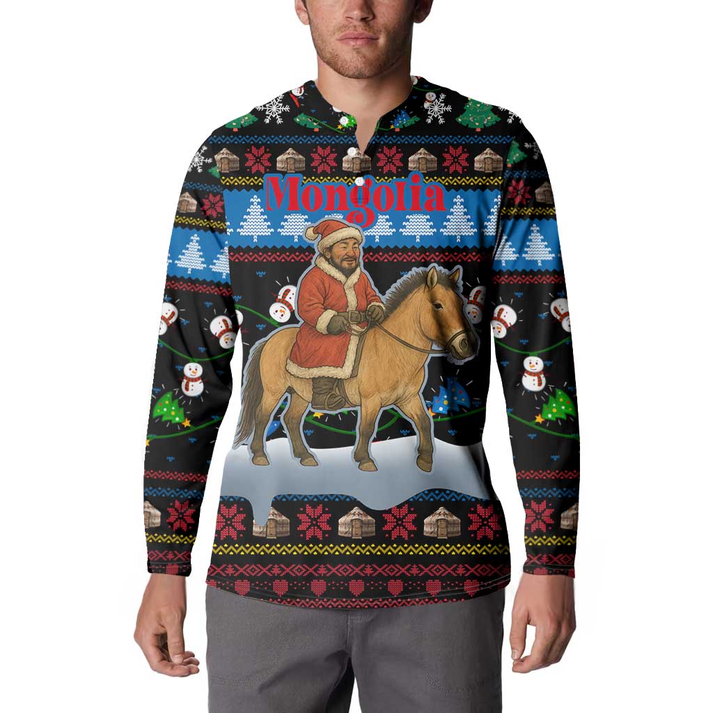 Mongolia Christmas Button Sweatshirt with Santa Riding Horse Snowmen Yurts and Winter Holiday - Wonder Print Shop