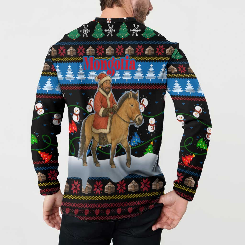 Mongolia Christmas Button Sweatshirt with Santa Riding Horse Snowmen Yurts and Winter Holiday - Wonder Print Shop