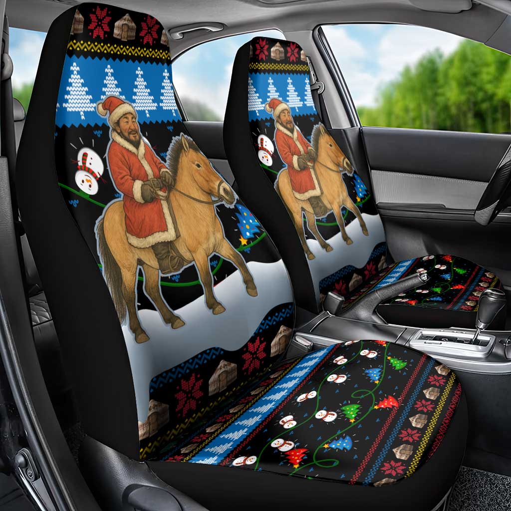 Mongolia Christmas Car Seat Cover with Santa Riding Horse Snowmen Yurts and Winter Holiday - Wonder Print Shop
