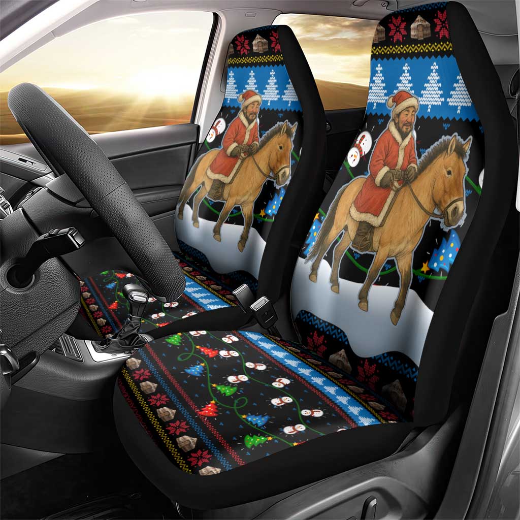 Mongolia Christmas Car Seat Cover with Santa Riding Horse Snowmen Yurts and Winter Holiday - Wonder Print Shop