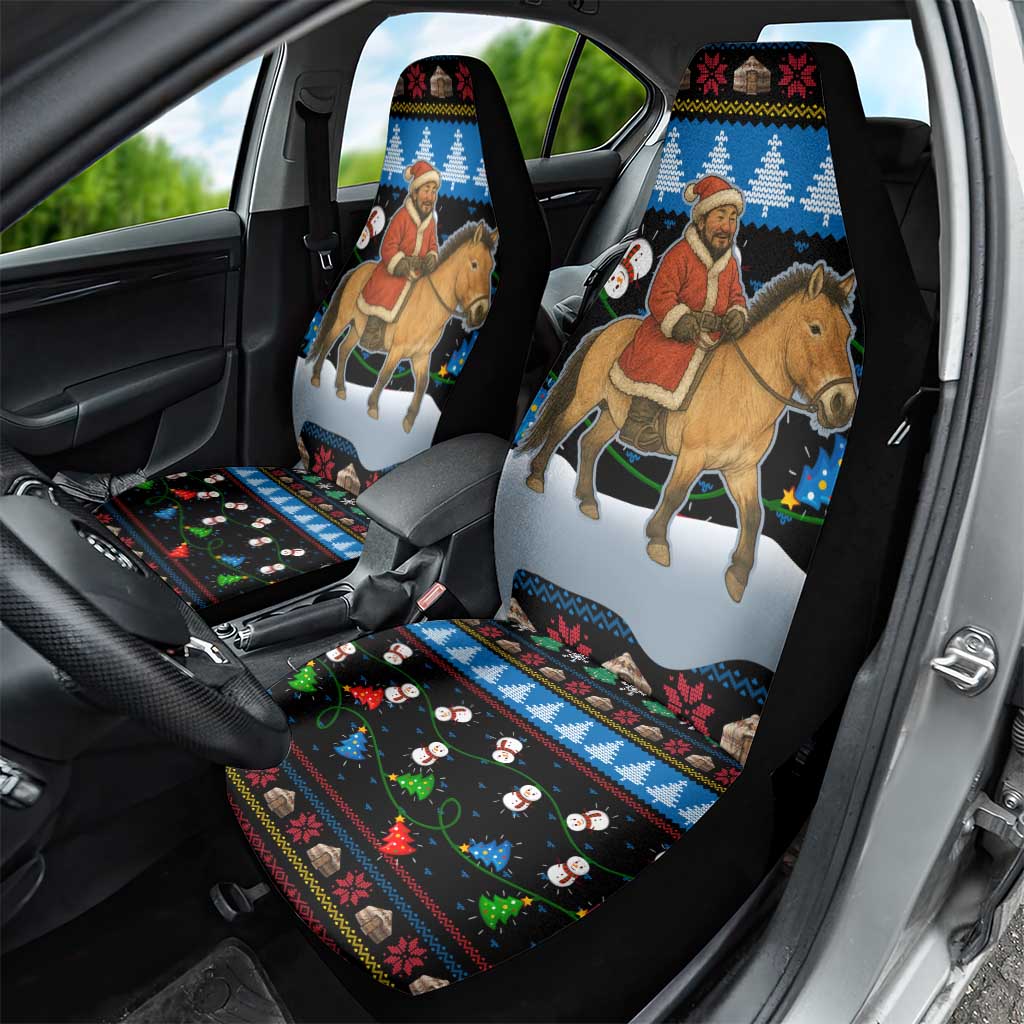 Mongolia Christmas Car Seat Cover with Santa Riding Horse Snowmen Yurts and Winter Holiday - Wonder Print Shop