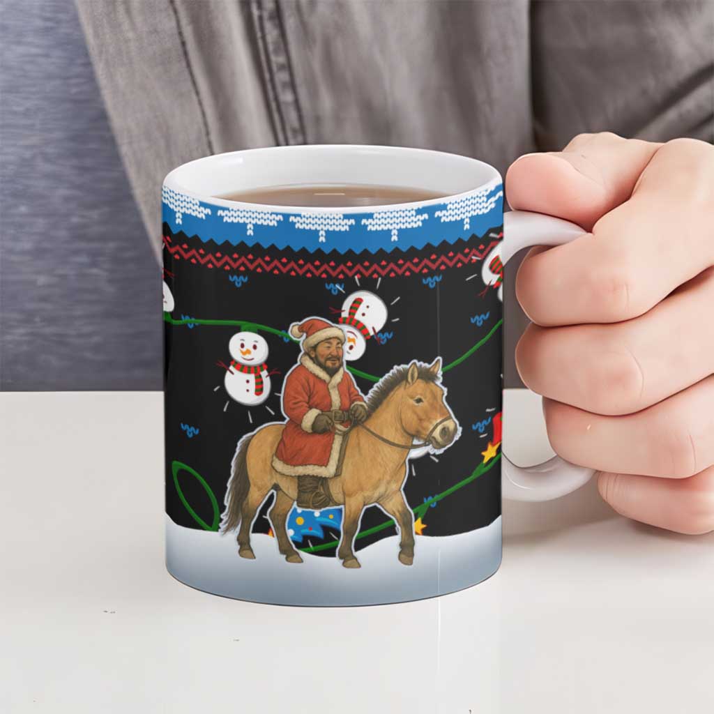 Mongolia Christmas Ceramic Mug with Santa Riding Horse Snowmen Yurts and Winter Holiday - Wonder Print Shop