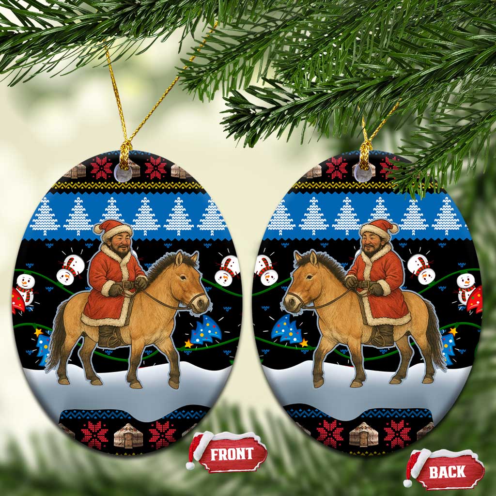 Mongolia Christmas Ceramic Ornament with Santa Riding Horse Snowmen Yurts and Winter Holiday - Wonder Print Shop