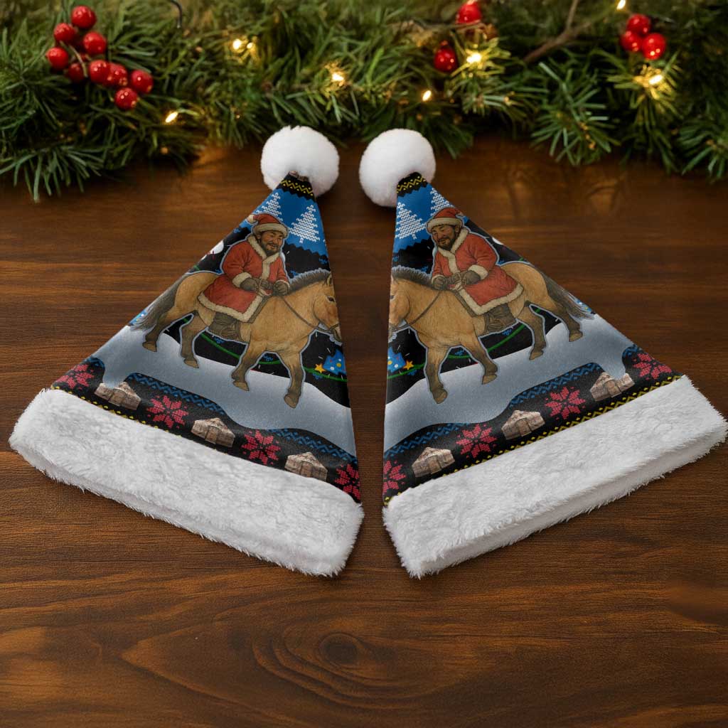 Mongolia Christmas Santa Hat with Santa Riding Horse Snowmen Yurts and Winter Holiday - Wonder Print Shop