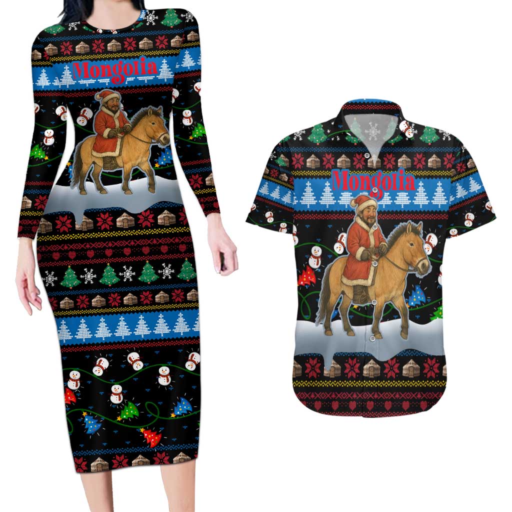 Mongolia Christmas Couples Matching Long Sleeve Bodycon Dress and Hawaiian Shirt with Santa Riding Horse Snowmen Yurts and Winter Holiday - Wonder Print Shop