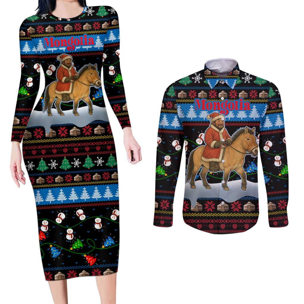 Mongolia Christmas Couples Matching Long Sleeve Bodycon Dress and Long Sleeve Button Shirt with Santa Riding Horse Snowmen Yurts and Winter Holiday - Wonder Print Shop