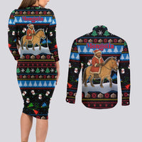 Mongolia Christmas Couples Matching Long Sleeve Bodycon Dress and Long Sleeve Button Shirt with Santa Riding Horse Snowmen Yurts and Winter Holiday - Wonder Print Shop