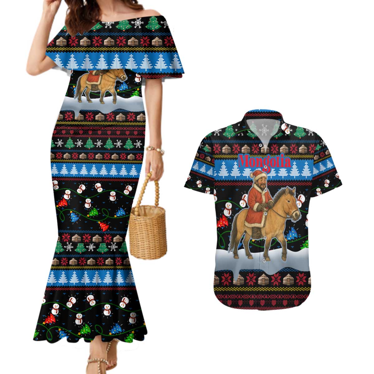 Mongolia Christmas Couples Matching Mermaid Dress and Hawaiian Shirt with Santa Riding Horse Snowmen Yurts and Winter Holiday - Wonder Print Shop