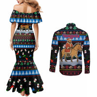 Mongolia Christmas Couples Matching Mermaid Dress and Long Sleeve Button Shirt with Santa Riding Horse Snowmen Yurts and Winter Holiday - Wonder Print Shop