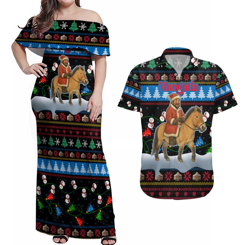 Mongolia Christmas Couples Matching Off Shoulder Maxi Dress and Hawaiian Shirt with Santa Riding Horse Snowmen Yurts and Winter Holiday - Wonder Print Shop