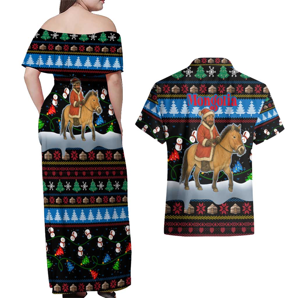 Mongolia Christmas Couples Matching Off Shoulder Maxi Dress and Hawaiian Shirt with Santa Riding Horse Snowmen Yurts and Winter Holiday - Wonder Print Shop