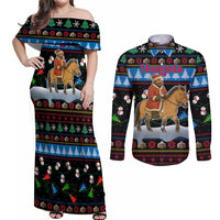 Mongolia Christmas Couples Matching Off Shoulder Maxi Dress and Long Sleeve Button Shirt with Santa Riding Horse Snowmen Yurts and Winter Holiday - Wonder Print Shop